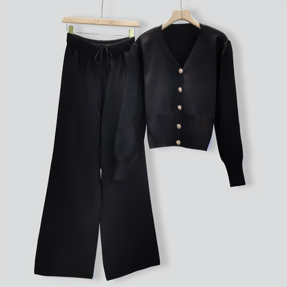 Retro knitted short jacket top wide leg pants two-piece set