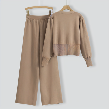 Retro knitted short jacket top wide leg pants two-piece set