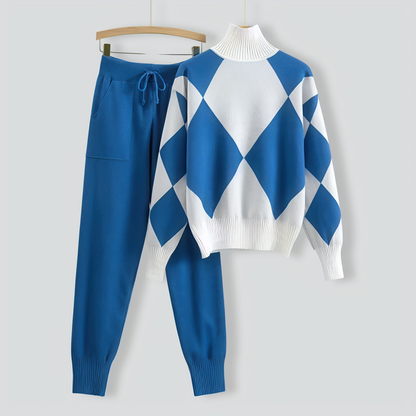 Casual knitted plaid sweater two-piece set