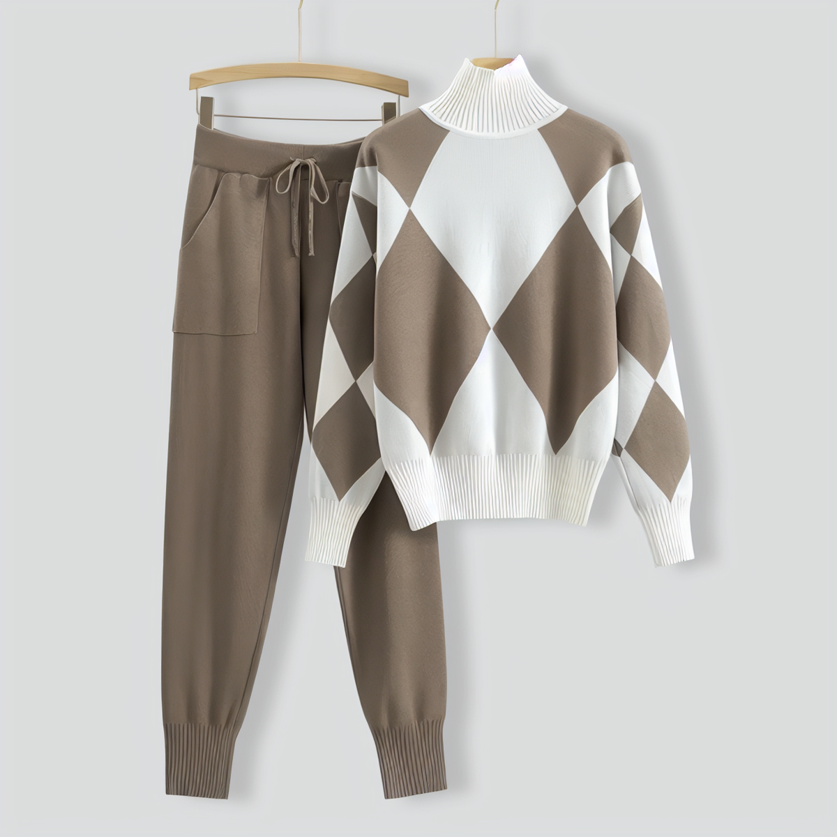 Casual knitted plaid sweater two-piece set