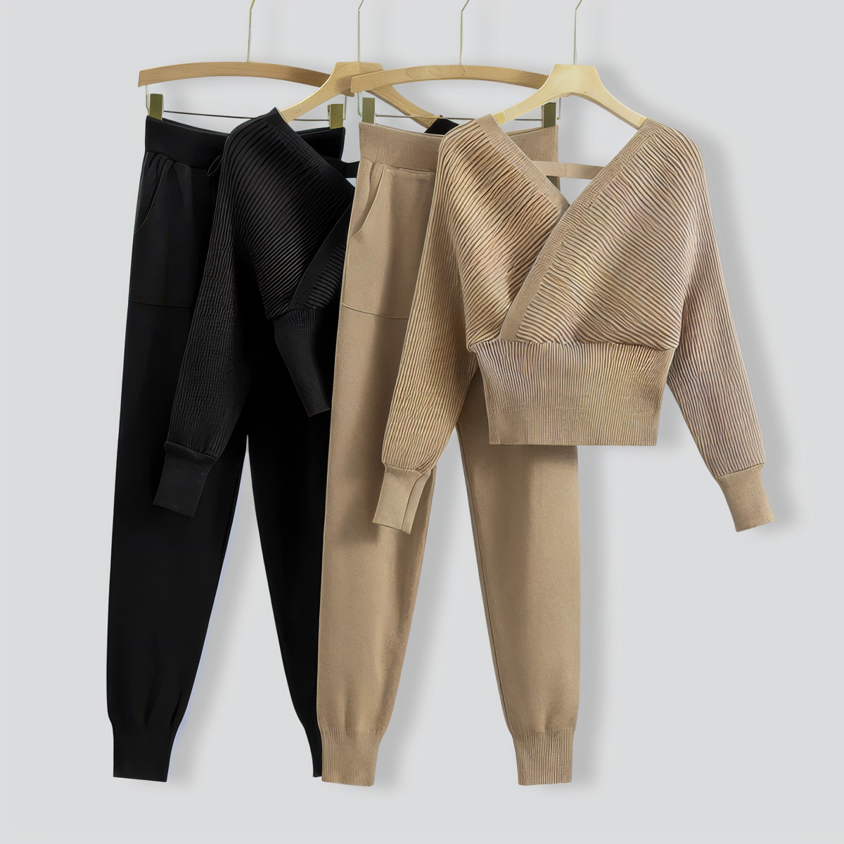 V-Neck Sexy Off-Shoulder Short Knitted Two-Piece Set