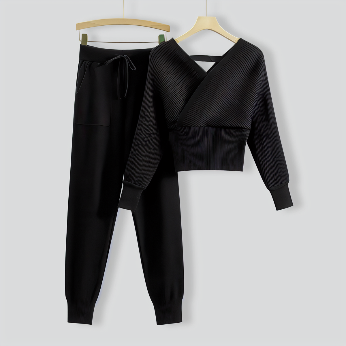 V-Neck Sexy Off-Shoulder Short Knitted Two-Piece Set