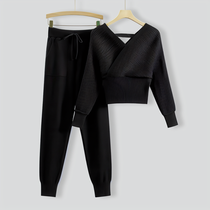 V-Neck Sexy Off-Shoulder Short Knitted Two-Piece Set