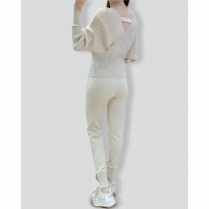 V-Neck Sexy Off-Shoulder Short Knitted Two-Piece Set