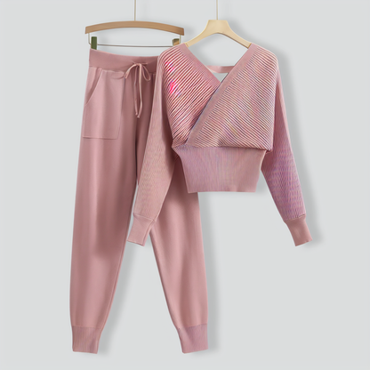 V-Neck Sexy Off-Shoulder Short Knitted Two-Piece Set