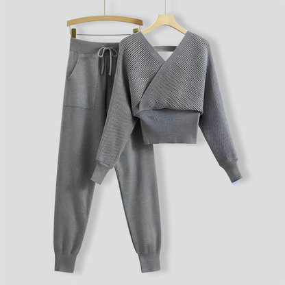 V-Neck Sexy Off-Shoulder Short Knitted Two-Piece Set