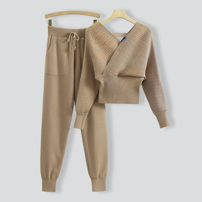 V-Neck Sexy Off-Shoulder Short Knitted Two-Piece Set