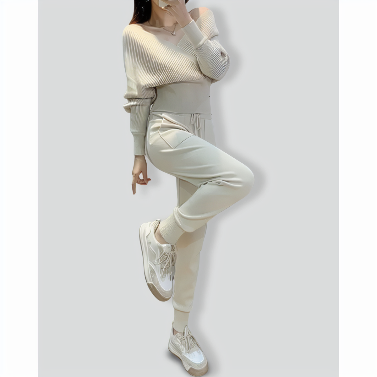 V-Neck Sexy Off-Shoulder Short Knitted Two-Piece Set