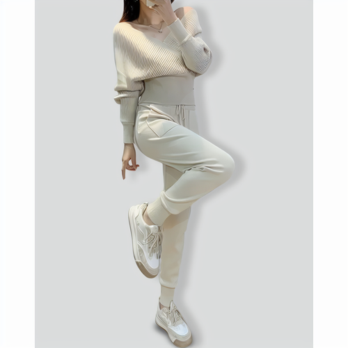 V-Neck Sexy Off-Shoulder Short Knitted Two-Piece Set