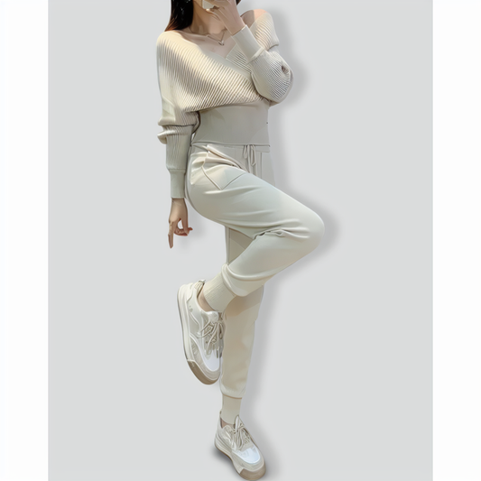 V-Neck Sexy Off-Shoulder Short Knitted Two-Piece Set