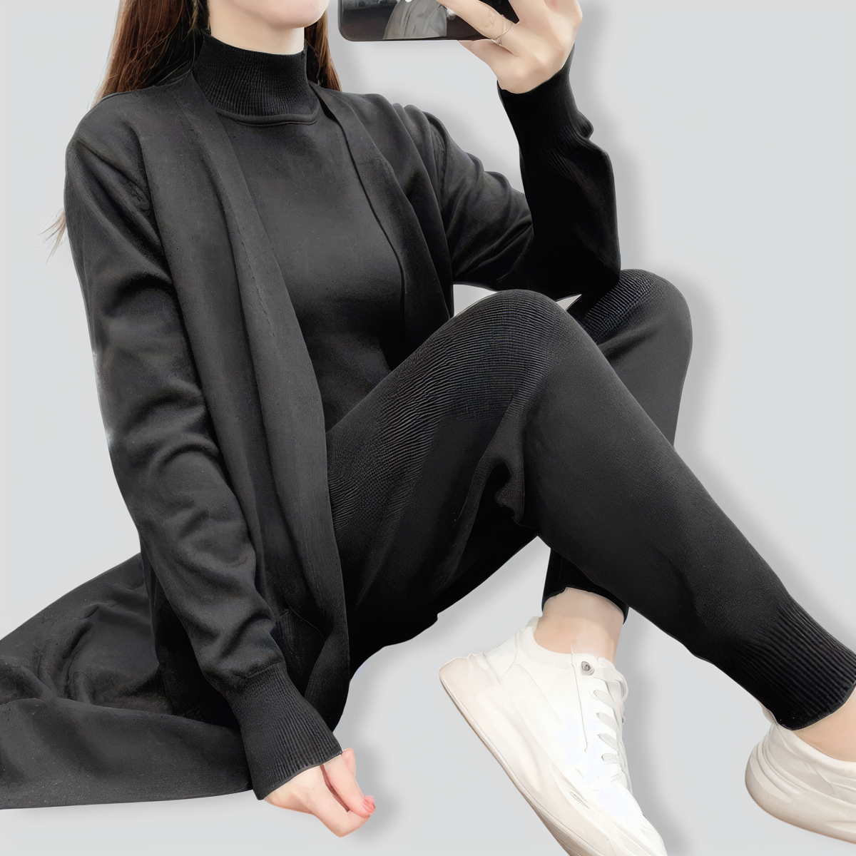 Casual knitted cardigan vest and pants three-piece set