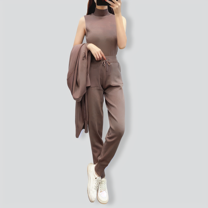 Casual knitted cardigan vest and pants three-piece set