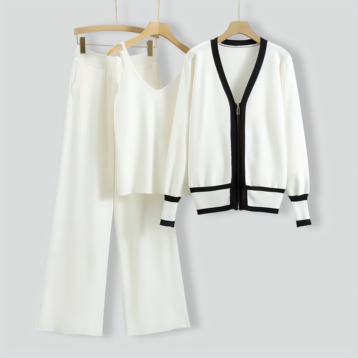 Knitted Cardigan Suspender Wide-Leg Pants Three-Piece Set