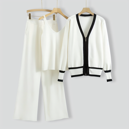 Knitted Cardigan Suspender Wide-Leg Pants Three-Piece Set