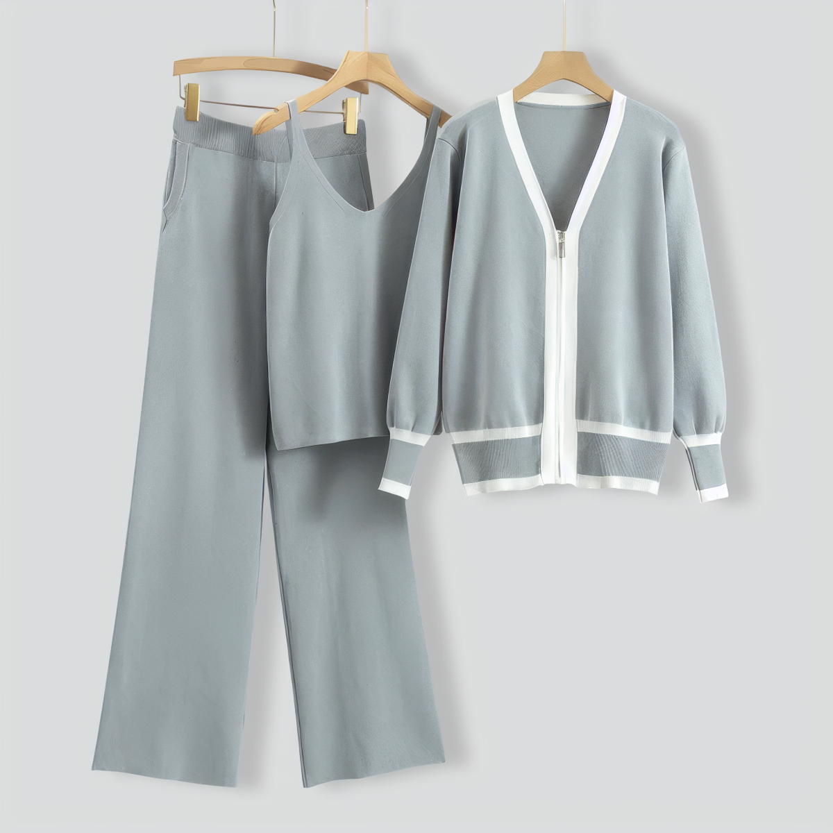Knitted Cardigan Suspender Wide-Leg Pants Three-Piece Set
