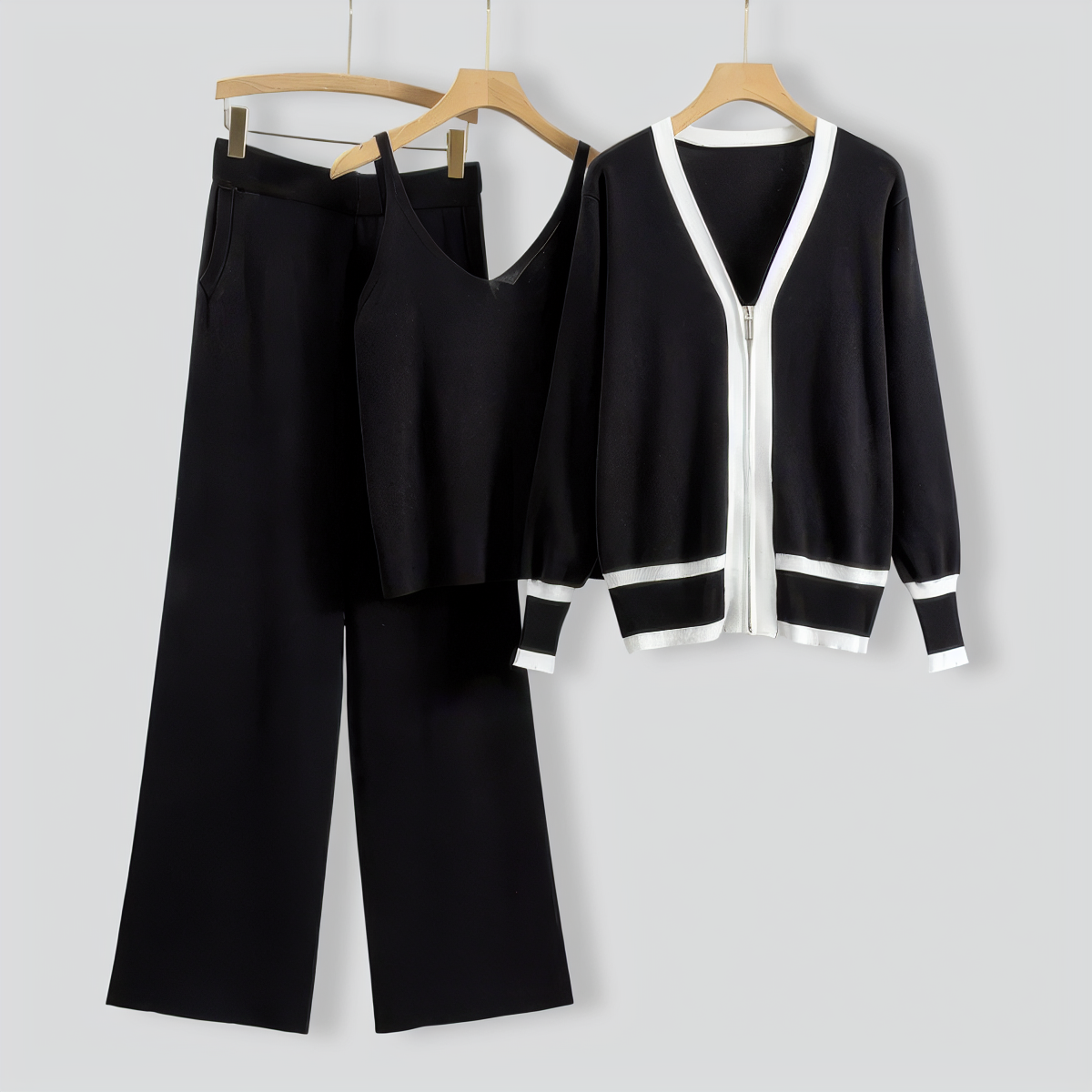 Knitted Cardigan Suspender Wide-Leg Pants Three-Piece Set