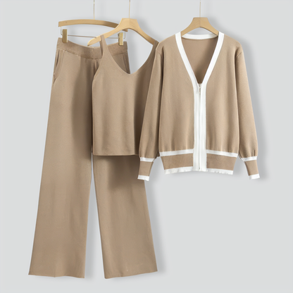 Knitted Cardigan Suspender Wide-Leg Pants Three-Piece Set