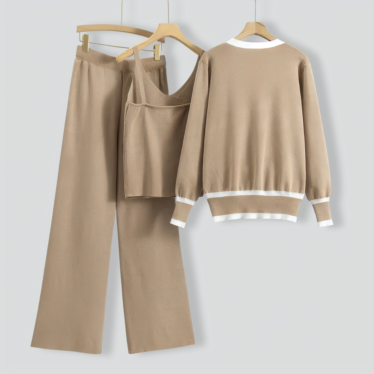 Knitted Cardigan Suspender Wide-Leg Pants Three-Piece Set
