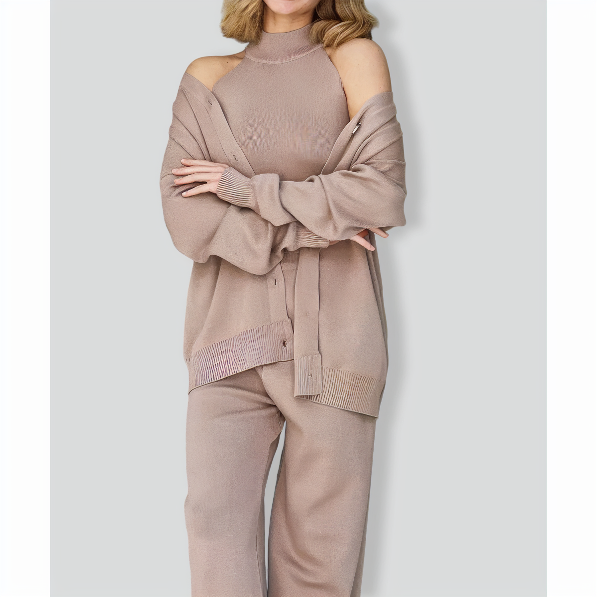 Casual Solid Color Three Pieces Knitted Set