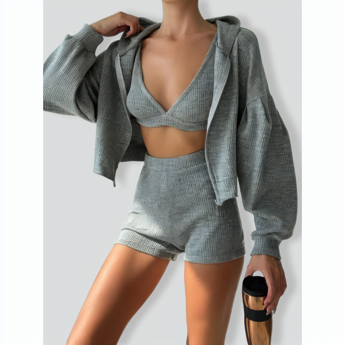 Daily Casual Zip-Up Shirt and Shorts Three-Piece Set