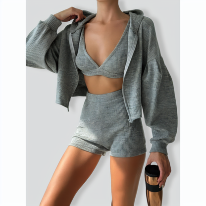 Daily Casual Zip-Up Shirt and Shorts Three-Piece Set