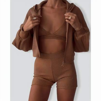 Daily Casual Zip-Up Shirt and Shorts Three-Piece Set