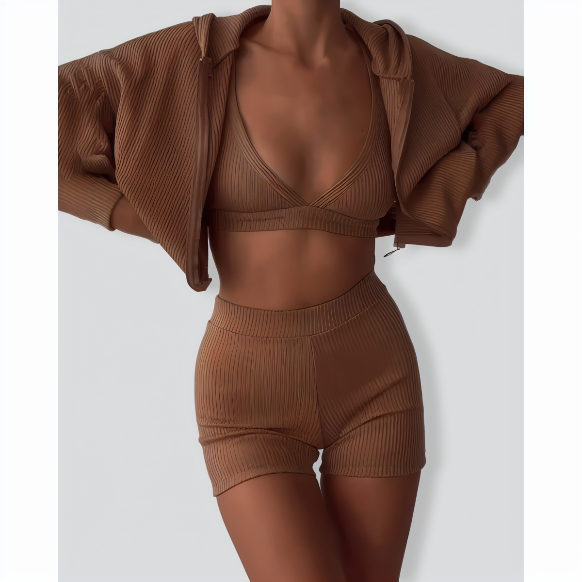 Daily Casual Zip-Up Shirt and Shorts Three-Piece Set