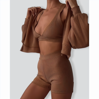 Daily Casual Zip-Up Shirt and Shorts Three-Piece Set