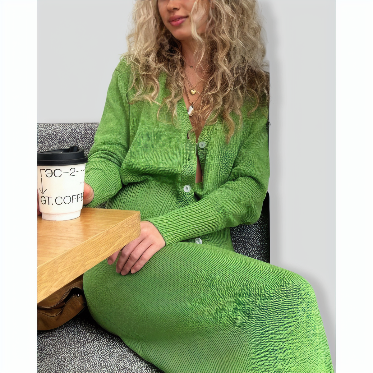 Fruit Green Cardigan Skirt Knitted Two-Piece Set