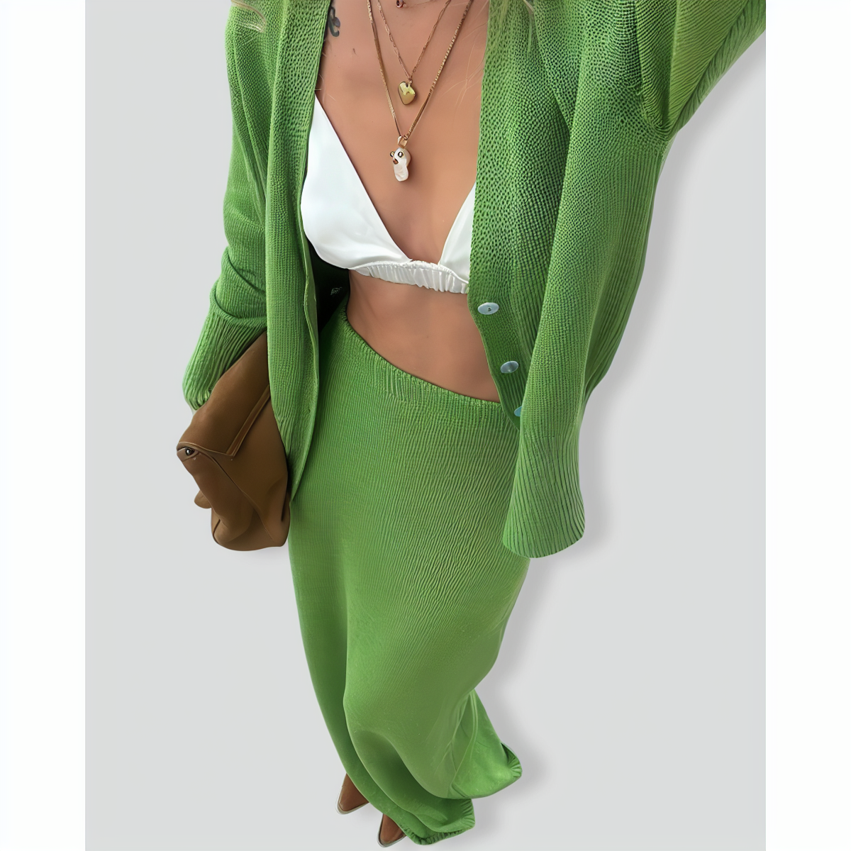Fruit Green Cardigan Skirt Knitted Two-Piece Set