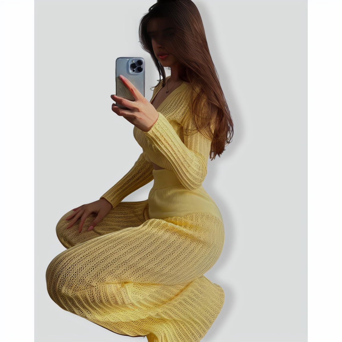 Fashionable Knitted See-Through Hollow Two-Piece Set