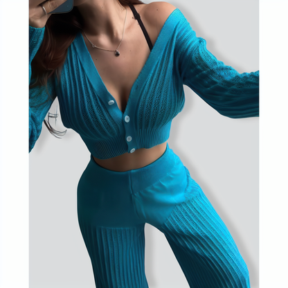 Fashionable Knitted See-Through Hollow Two-Piece Set