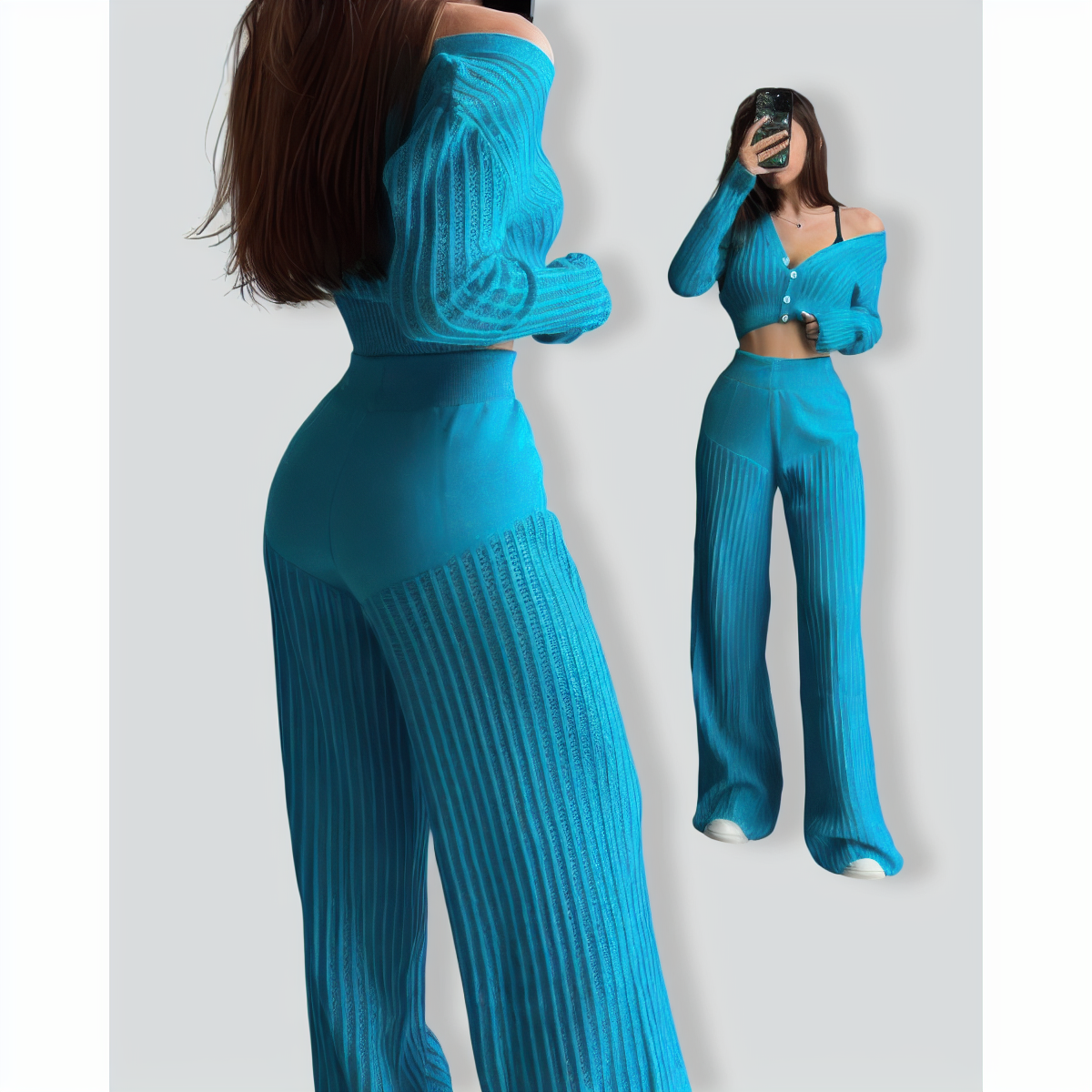 Fashionable Knitted See-Through Hollow Two-Piece Set