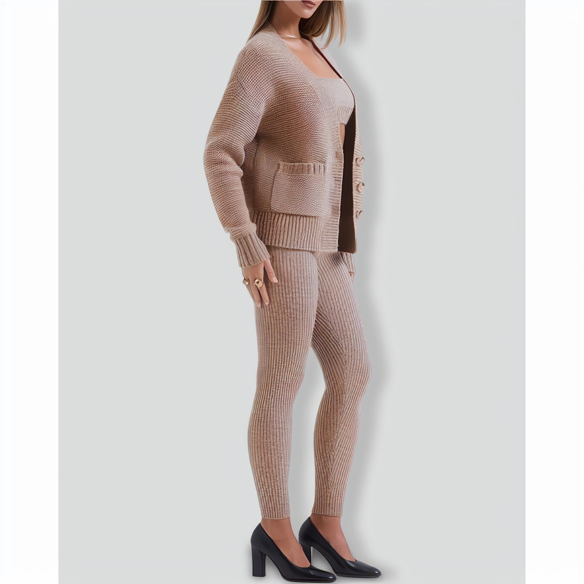 Chic V-neck Knit Cardigan and Slim-fitting trousers two-piece set