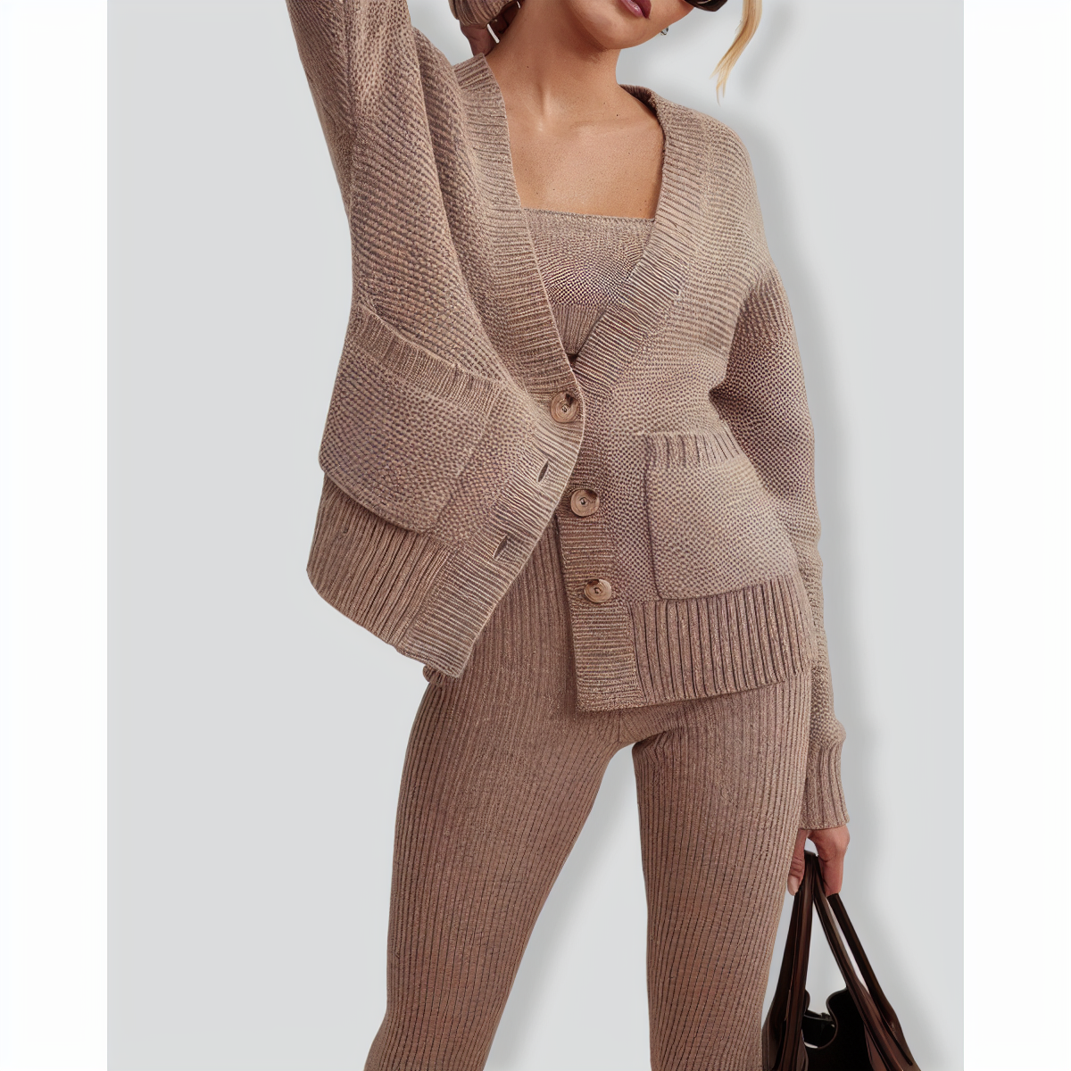 Chic V-neck Knit Cardigan and Slim-fitting trousers two-piece set
