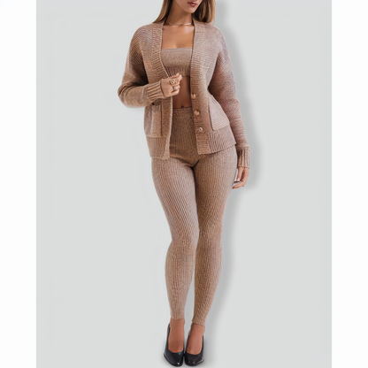 Chic V-neck Knit Cardigan and Slim-fitting trousers two-piece set