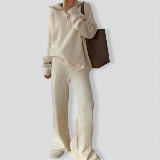 Casual Lapel Sweater and Wide-leg Pants Two-piece Suit