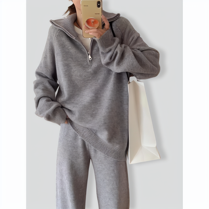 Casual Lapel Sweater and Wide-leg Pants Two-piece Suit