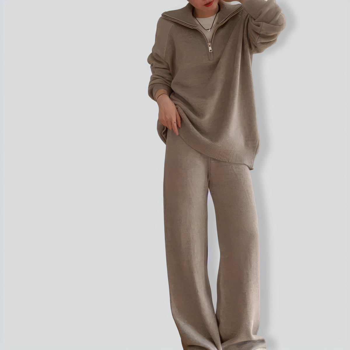 Casual Lapel Sweater and Wide-leg Pants Two-piece Suit