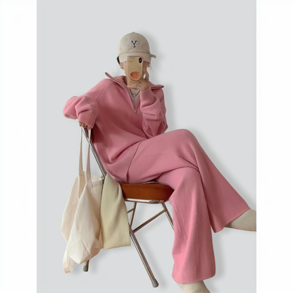 Casual Lapel Sweater and Wide-leg Pants Two-piece Suit