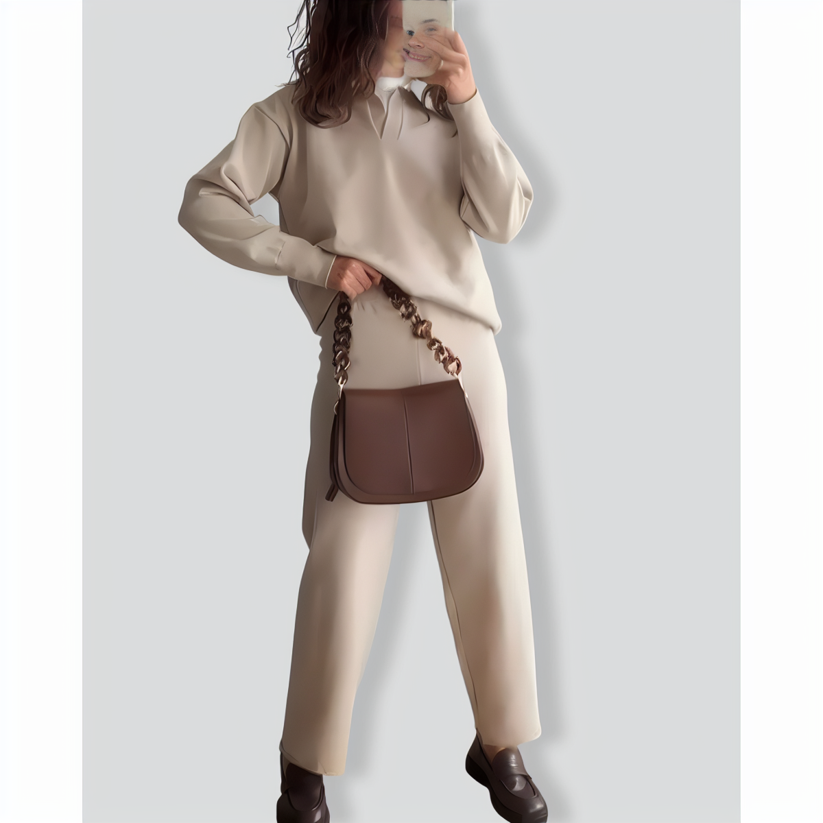 Fashionable Lapel Knitted Top + Wide-Leg Pants Two-Piece Set