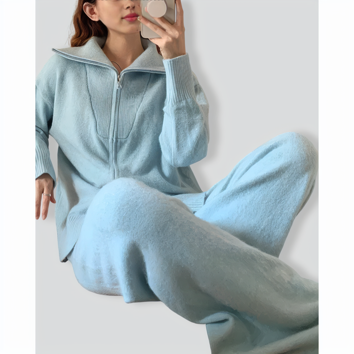 Lazy Style Knitted Zipper Lapel Sweater Cardigan + Wide-Leg Pants