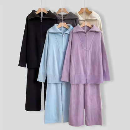 Lazy Style Knitted Zipper Lapel Sweater Cardigan + Wide-Leg Pants