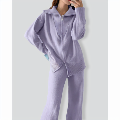 Lazy Style Knitted Zipper Lapel Sweater Cardigan + Wide-Leg Pants