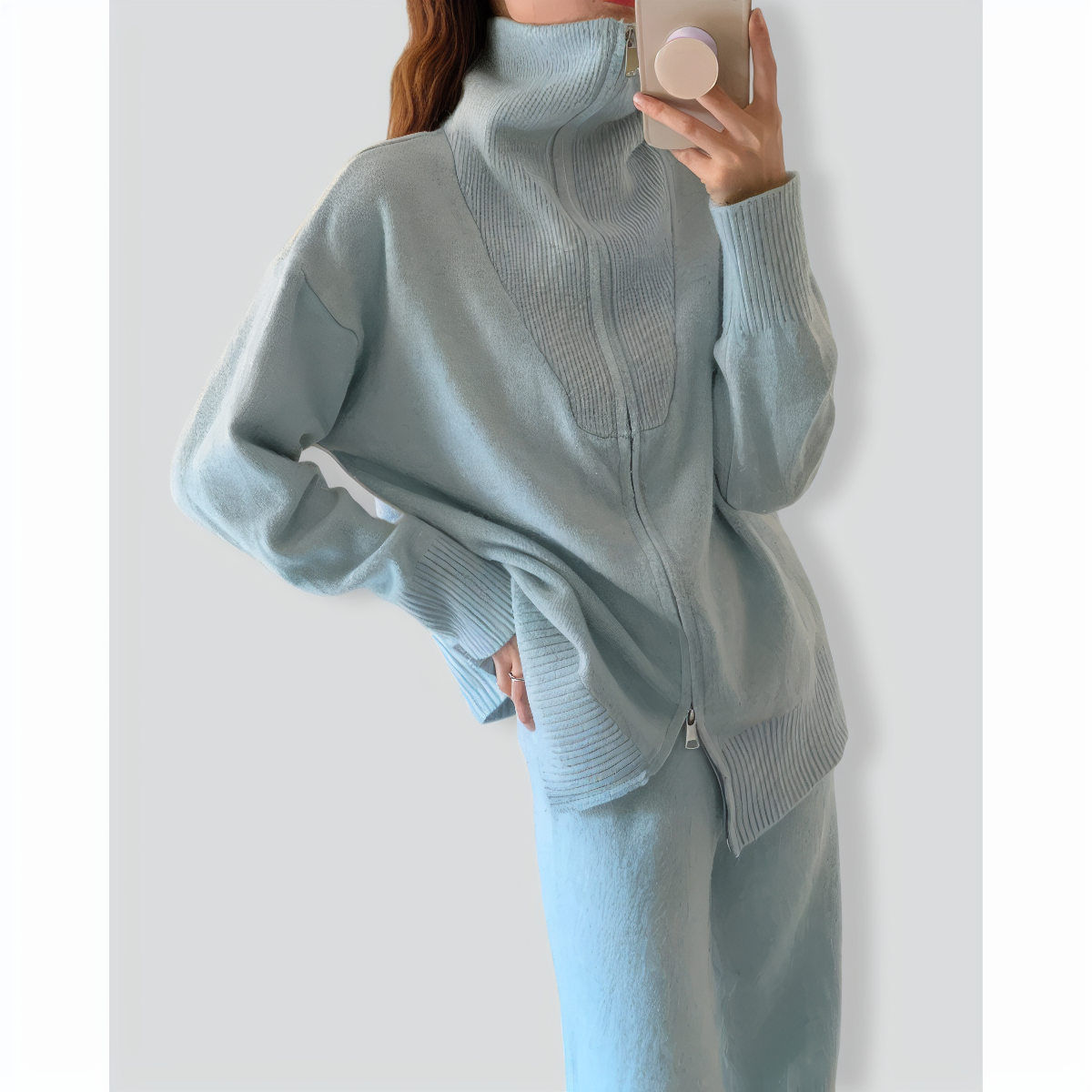 Lazy Style Knitted Zipper Lapel Sweater Cardigan + Wide-Leg Pants