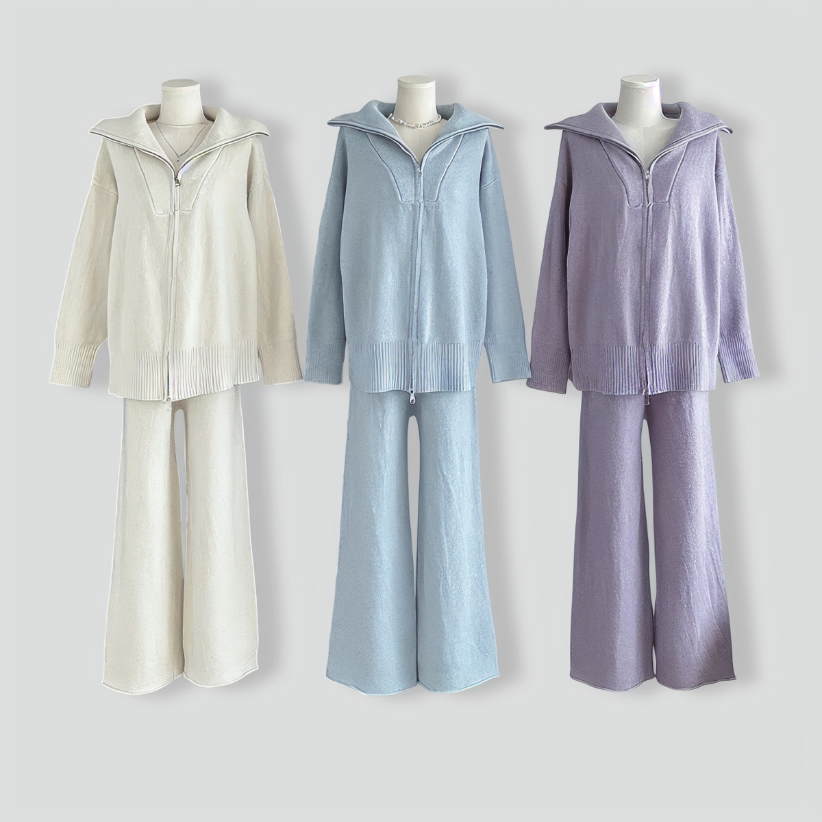 Lazy Style Knitted Zipper Lapel Sweater Cardigan + Wide-Leg Pants