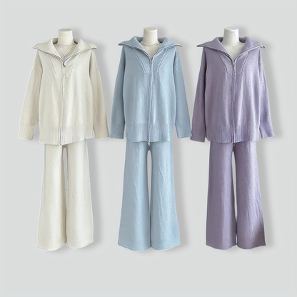 Lazy Style Knitted Zipper Lapel Sweater Cardigan + Wide-Leg Pants