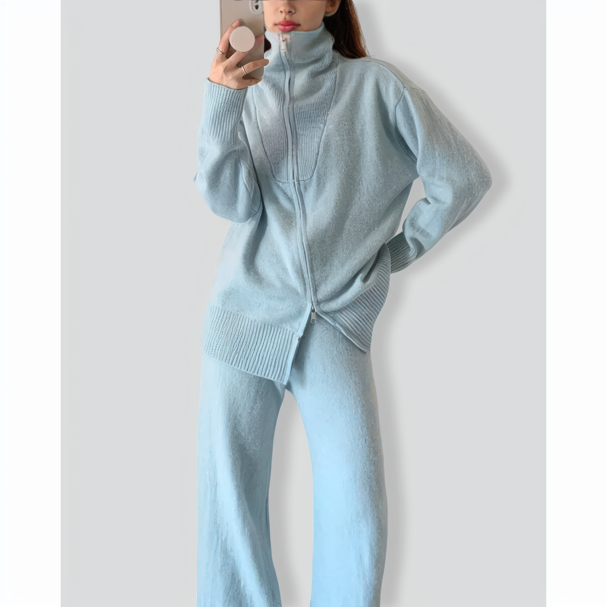 Lazy Style Knitted Zipper Lapel Sweater Cardigan + Wide-Leg Pants