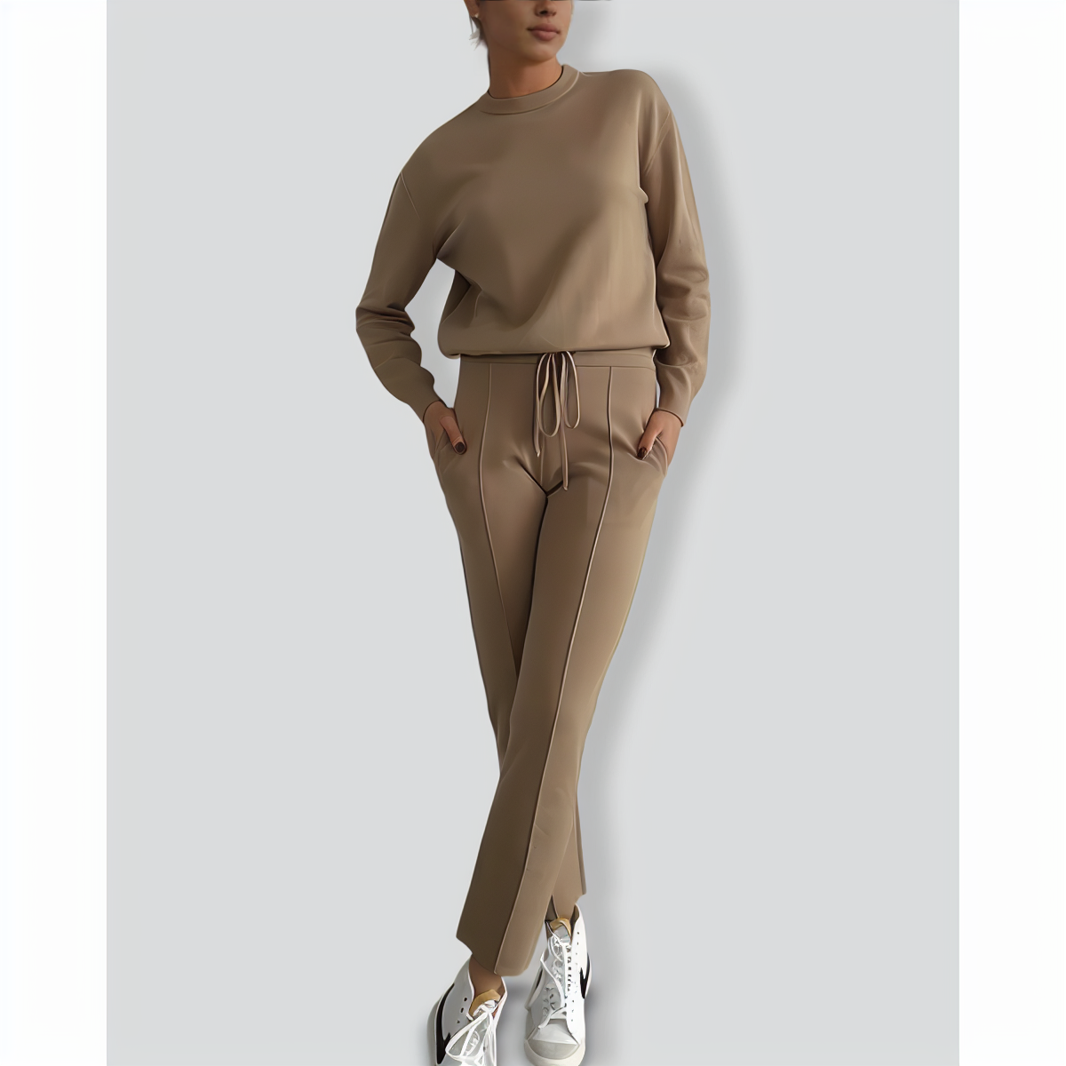 Casual Round Neck Top and Carrot Pants Knitted Two-Piece Set