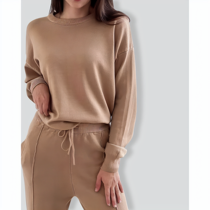 Casual Round Neck Top and Carrot Pants Knitted Two-Piece Set